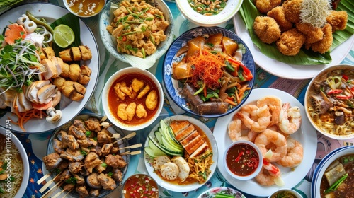 Close-up of various street food dishes laid out on a table at a Yaowarat Road eatery