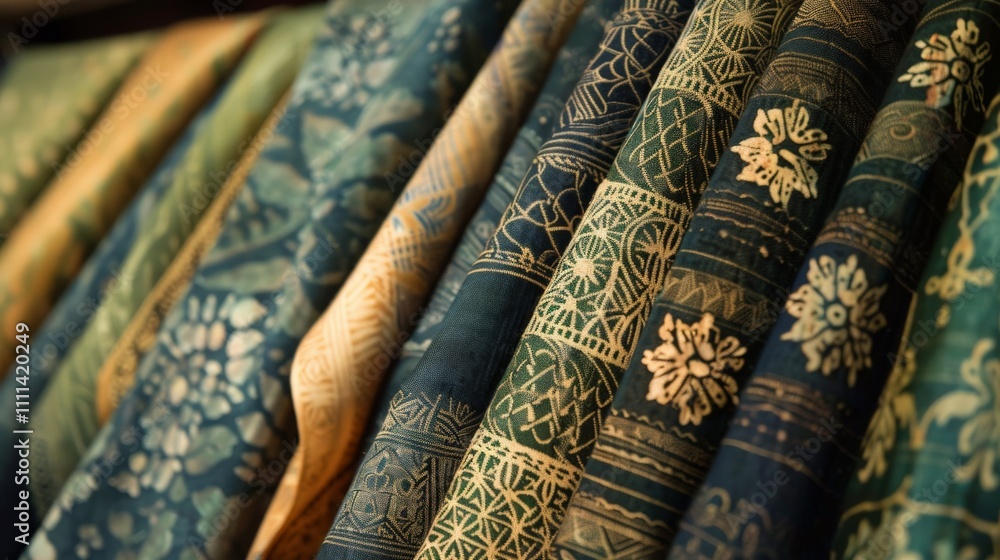 Close-up of intricate Thai silk textiles with golden threads and floral designs Close-up of intricate Thai silk textiles with golden threads and floral designs
