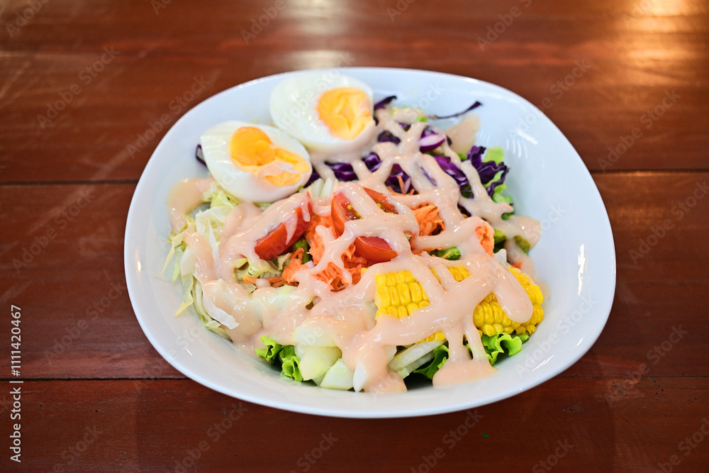 Close-up of fresh salad with egg in white plate Close-up of fresh salad with egg in white plate