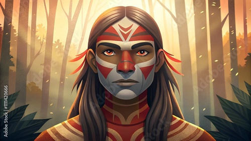 Indigenous man with traditional face paint and long hair in a sunlit forest
 photo