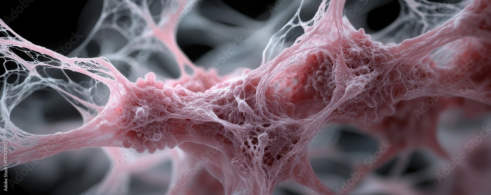 Φωτογραφία A close-up view of intricate, web-like biological structures, showcasing a delicate network of cells in shades of pink and white against a dark background