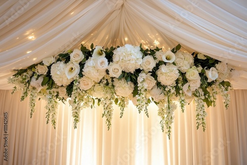 Elegant floral arrangement draped above, featuring white flowers and greenery, set against soft fabric and warm lighting for a romantic ambiance.