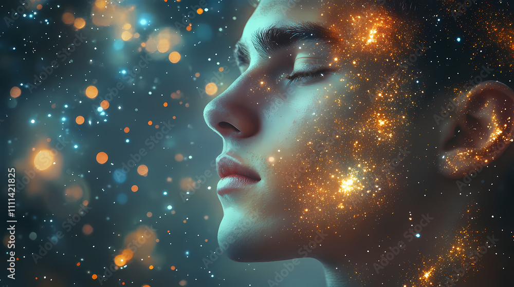 Ethereal portrait of a young man bathed in stars and light, capturing a dreamlike aesthetic with cosmic patterns and radiant glow on the skin. Etherealism. Illustration Ethereal portrait of a young man bathed in stars and light, capturing a dreamlike aesthetic with cosmic patterns and radiant glow on the skin. Etherealism. Illustration