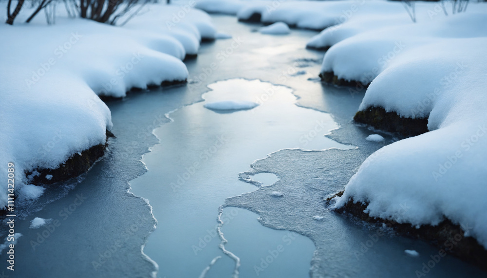 Frozen creek partially covered in snow reflecting the winter sky Frozen creek partially covered in snow reflecting the winter sky