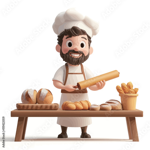 Vector illustration of a cartoon chef with a rolling pin and bread..eps