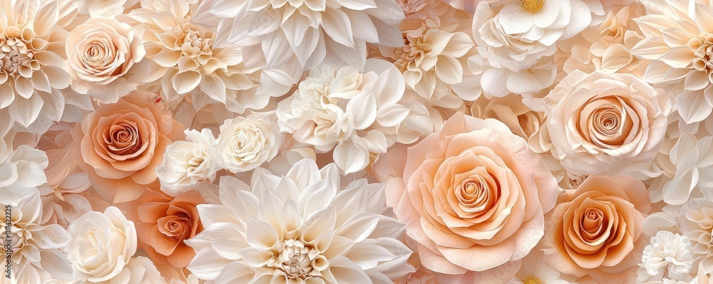 Soft floral pattern with Chardonnay-hued roses and dahlias, delicate petals and warm tones for an elegant bouquet Soft floral pattern with Chardonnay-hued roses and dahlias, delicate petals and warm tones for an elegant bouquet