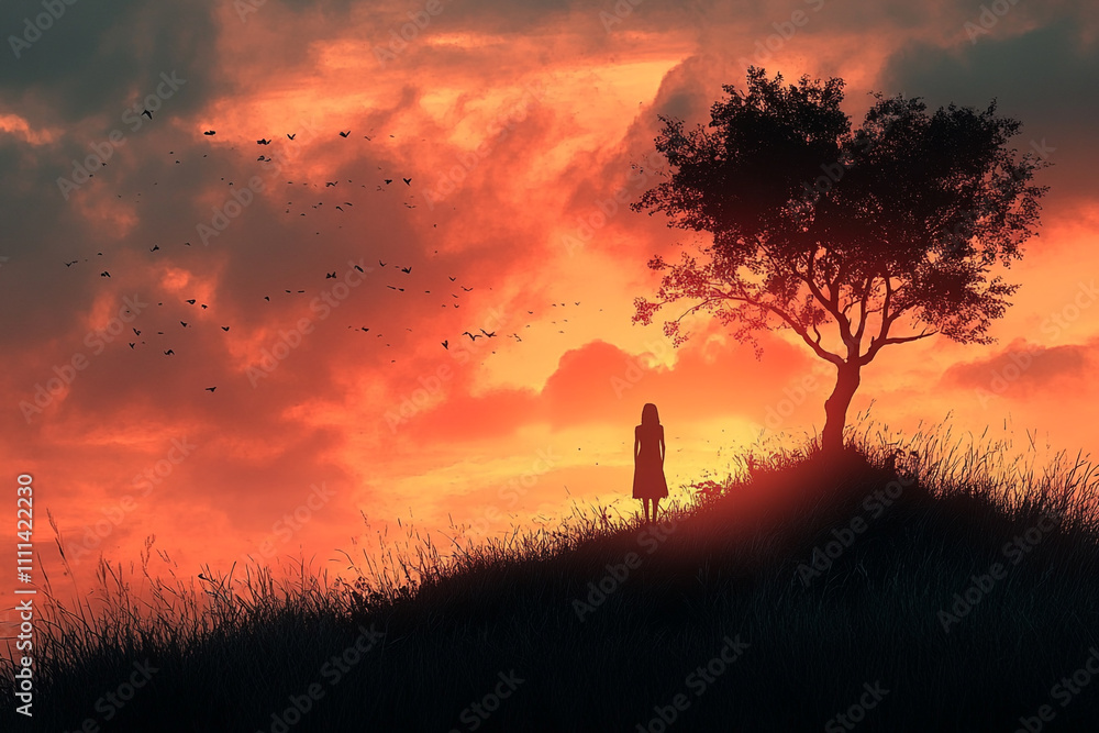 Fototapeta premium Silhouette Woman Sunset Birds Tree Hill Grass
