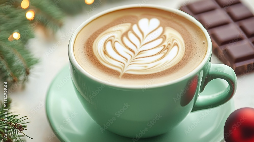 A beautifully crafted latte with a leaf design in a mint green cup, accompanied by chocolate and festive decorations. A beautifully crafted latte with a leaf design in a mint green cup, accompanied by chocolate and festive decorations.