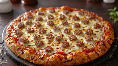 Delicious pizza topped with sausage and melted cheese on a wooden table.