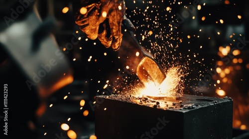 An intimate shot of craftsmen in a metal foundry, pouring molten metal into molds for casting, Metal foundry scene photo