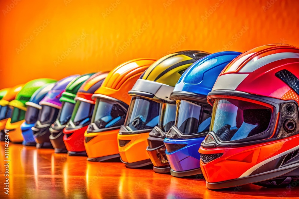 Obraz premium A Vibrant Collection of Colorful Motorcycle Helmets on a Bright Orange Background, Perfect for Showcasing Safety Gear and Stylish Accessories in a Dynamic Visual Presentation