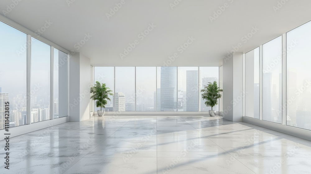 Empty office space with a minimalist design and large windows Empty office space with a minimalist design and large windows