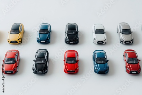 Miniature models of different cars are neatly arranged on a white surface, ideal for showcasing or advertising with flexible text space. Generative AI photo