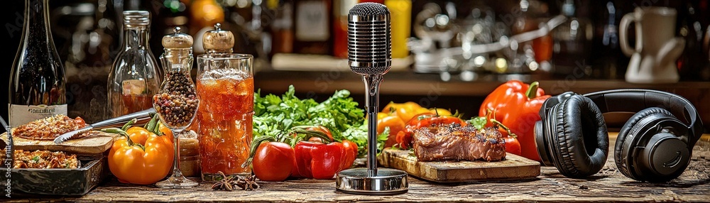 Delicious Culinary Scene with Retro Microphone and Vibrant Ingredients Delicious Culinary Scene with Retro Microphone and Vibrant Ingredients