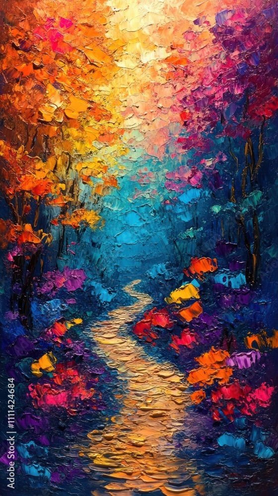 Fototapeta premium Vibrant Abstract Impressionism Colorful Oil Painting Thick Brush Strokes Bright Colors Winding Path Swirling Hues
