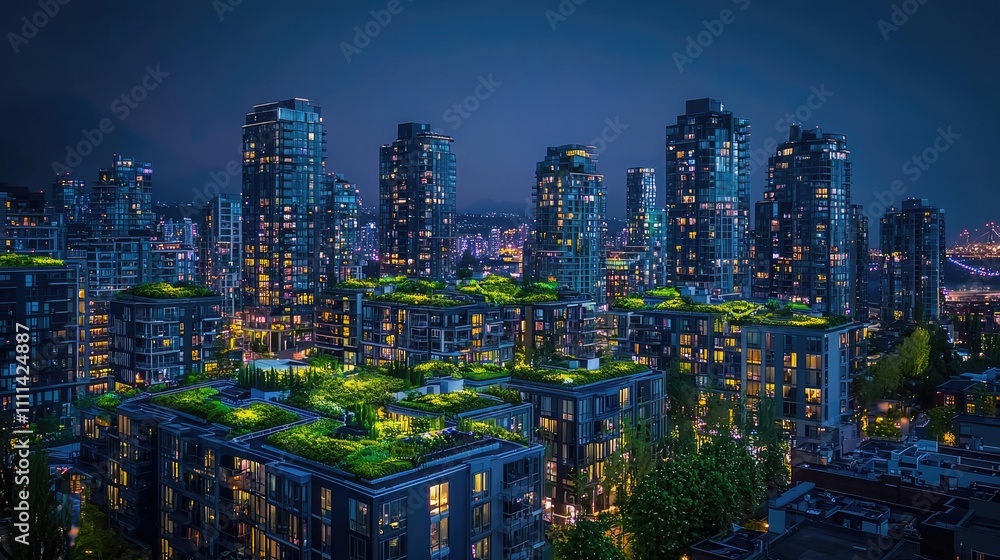 Naklejka premium City skyline at night with illuminated buildings and rooftop gardens.