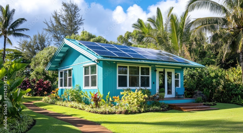 A bright blue single-story house with solar panels on the roof, surrounded by lush green grass and tropical plants A bright blue single-story house with solar panels on the roof, surrounded by lush green grass and tropical plants