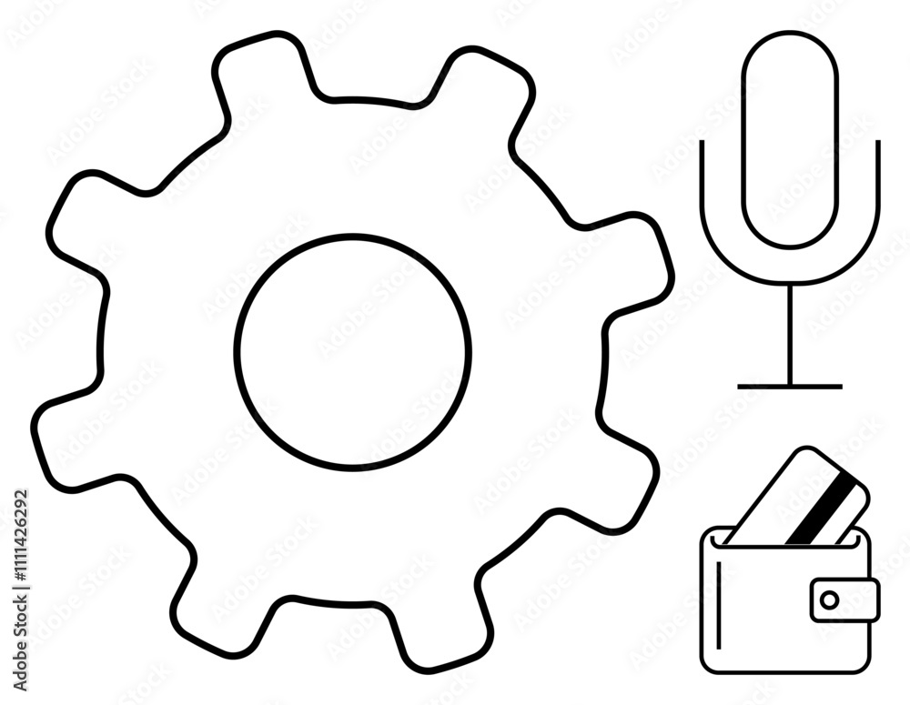 Large gear surrounded by microphone and wallet with cards. Ideal for technology, communication, finance, productivity, development, digital media, e-commerce. Line metaphor Large gear surrounded by microphone and wallet with cards. Ideal for technology, communication, finance, productivity, development, digital media, e-commerce. Line metaphor
