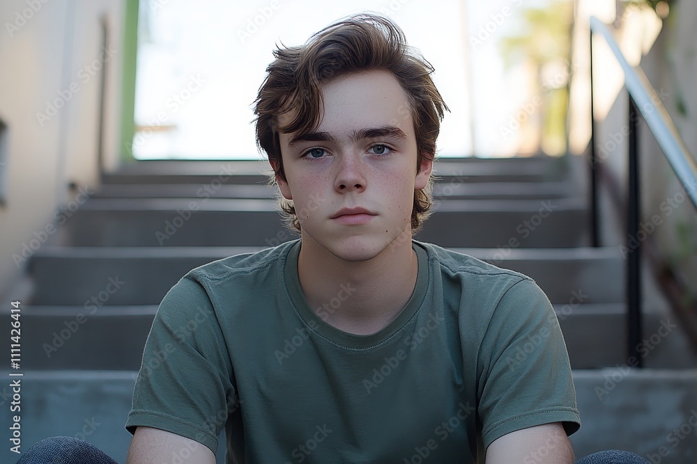 Fototapeta premium Portrait of a Young Male Sitting on Steps in a Casual Green T-Shirt with Natural Background and Soft Lighting, Ideal for Youth and Lifestyle Themes