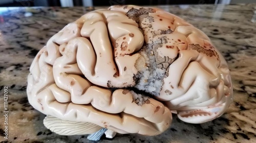 Close-up of human brain showing plaques. Understanding the complexities of neurological conditions through detailed anatomical study.