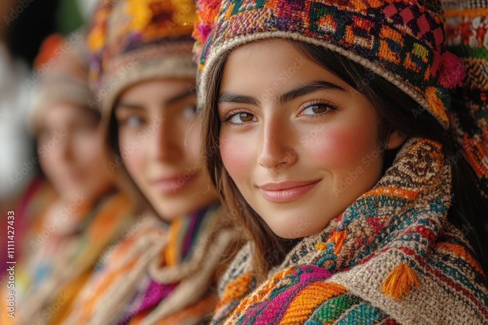 Cheerful Group of Mature Indigenous Women in Colorful Traditional Textiles Outdoors Cheerful Group of Mature Indigenous Women in Colorful Traditional Textiles Outdoors