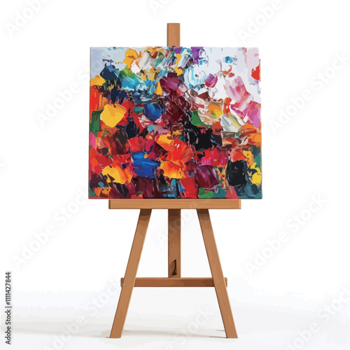 Wooden easel with colorful acrylic painting on canvas isolated on white background.eps