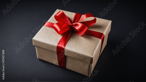 Elegant gift box with red ribbon on black background