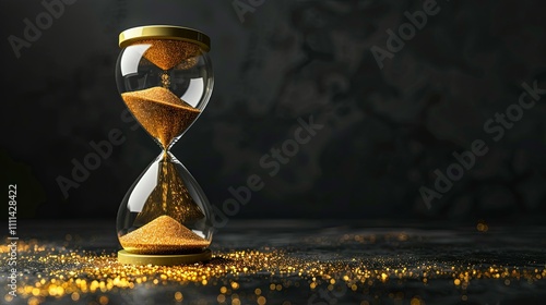 Golden Hourglass Dramatically Displays the Passage of Time on Dark Background photo