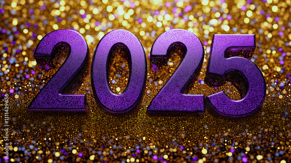 vivid 2025 design featuring bold purple glitter numbers set against a luxurious golden sparkling background. ideal for new year celebrations, party invitations, holiday cards, and event designs. vivid 2025 design featuring bold purple glitter numbers set against a luxurious golden sparkling background. ideal for new year celebrations, party invitations, holiday cards, and event designs.
