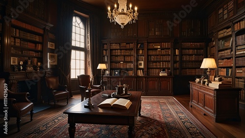  a richly atmospheric dark academia library, every nook and cranny is filled with intricate details.