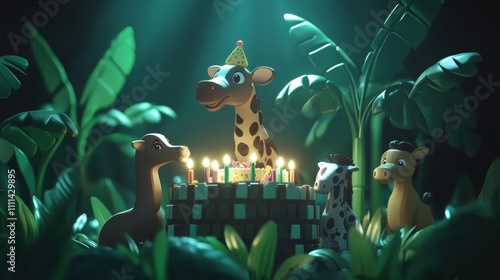 Festive Jungle Birthday Celebration with Playful Cartoon Animals Gathering Around a Colorful Cake Surrounded by Lush Greenery and Soft Glowing Lights photo