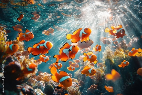 Vibrant Underwater Scene with Clownfish and Coral Reefs photo