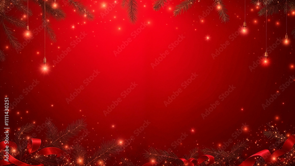 Festive Red Christmas Background with Elegant Pine Branches and Decorative Holiday Ribbons Festive Red Christmas Background with Elegant Pine Branches and Decorative Holiday Ribbons