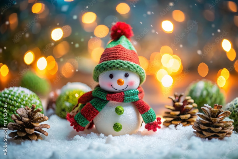 Charming Tilt-Shift Capture of a Cute Snowman with a Red and Green Winter Hat and Scarf Surrounded by Colorful Christmas Ornaments and Pine Cones on a Snowy Background with Twinkling Lights Charming Tilt-Shift Capture of a Cute Snowman with a Red and Green Winter Hat and Scarf Surrounded by Colorful Christmas Ornaments and Pine Cones on a Snowy Background with Twinkling Lights