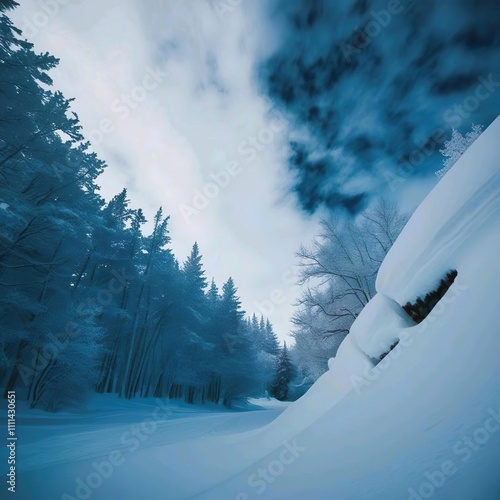 snow covered trees and road 