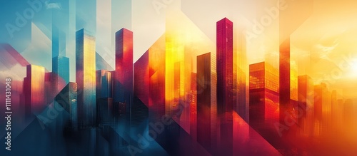 Abstract cityscape at sunset with geometric shapes and vibrant colors.