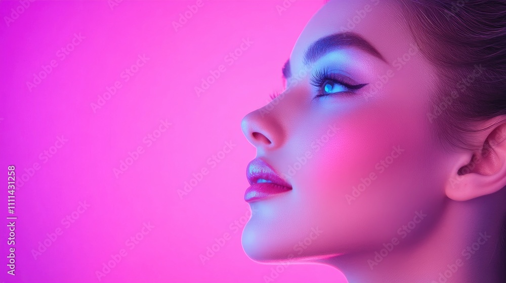 Stunning woman with a blue glow, illuminated by neon light against a purple background. Beauty makeup concept. Stunning woman with a blue glow, illuminated by neon light against a purple background. Beauty makeup concept.