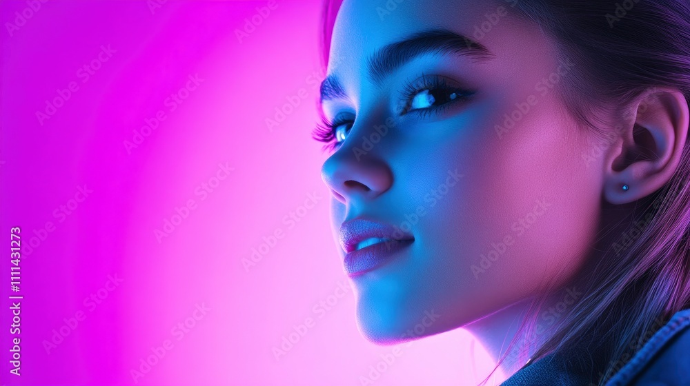 Stunning woman with a blue glow, illuminated by neon light against a purple background. Beauty makeup concept. Stunning woman with a blue glow, illuminated by neon light against a purple background. Beauty makeup concept.