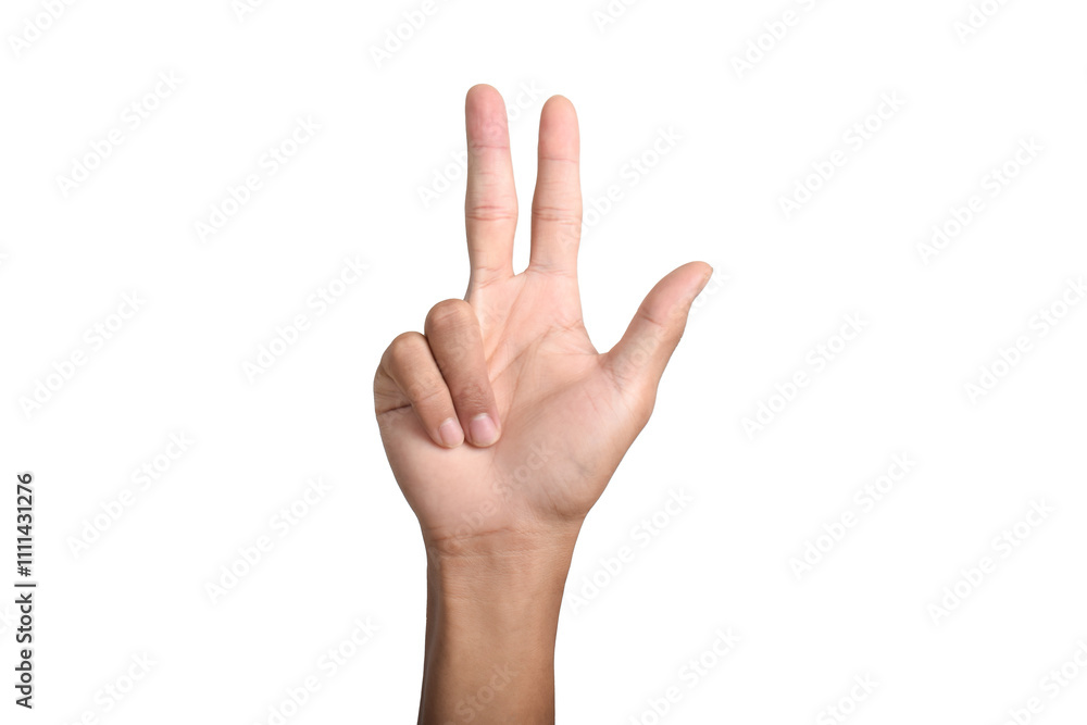 A Caucasian male hand showing the number three gesture isolated on a white background. A Caucasian male hand showing the number three gesture isolated on a white background.
