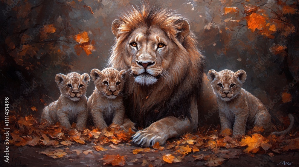 Majestic Lion with Playful Cubs Among Autumn Leaves, Capturing the Beauty of Wildlife and Nature in an Enchanting Forest Setting Majestic Lion with Playful Cubs Among Autumn Leaves, Capturing the Beauty of Wildlife and Nature in an Enchanting Forest Setting