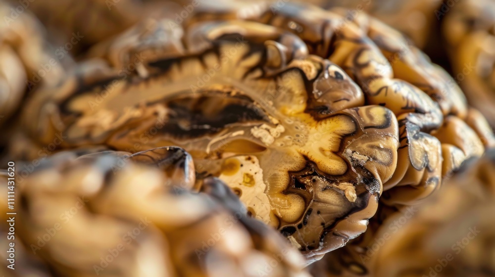 Close-up of human brain showing plaques. Understanding the complexities of neurological conditions through detailed anatomical study. Close-up of human brain showing plaques. Understanding the complexities of neurological conditions through detailed anatomical study.