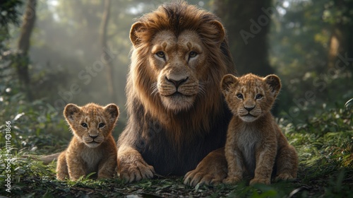 Majestic Lion with Two Playful Cubs in a Serene Forest Environment, Showcasing Family Bonding Moments in Nature's Beauty