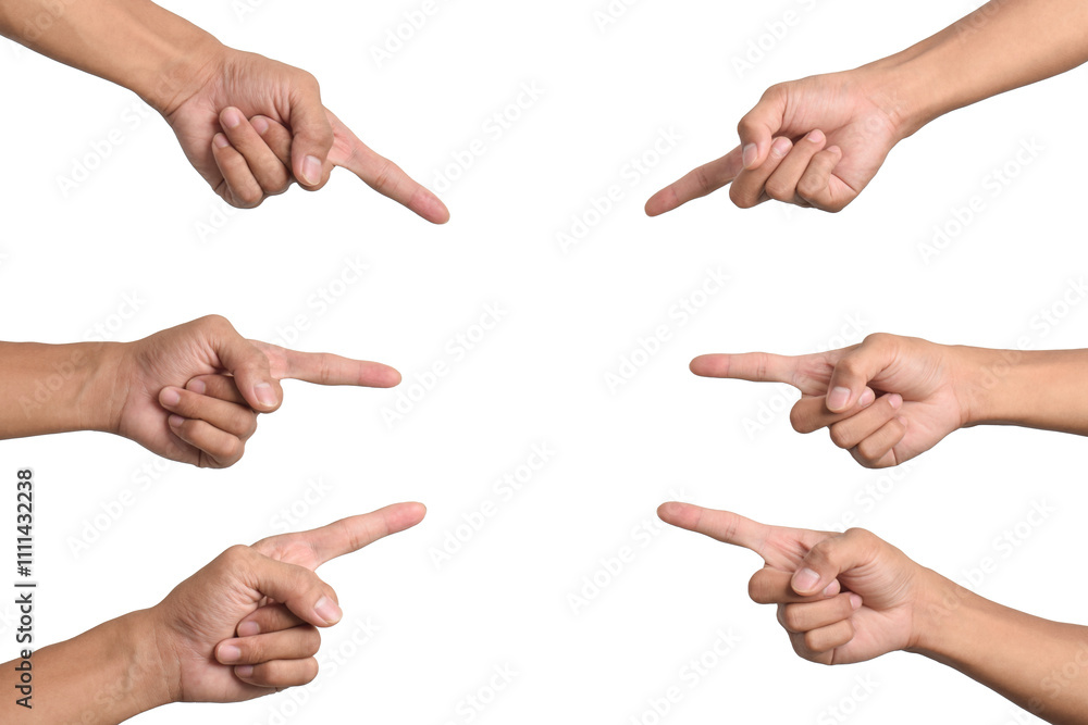 Collection of hand pointing gestures to one point isolated on white background. Man pointing virtual object with index finger Collection of hand pointing gestures to one point isolated on white background. Man pointing virtual object with index finger