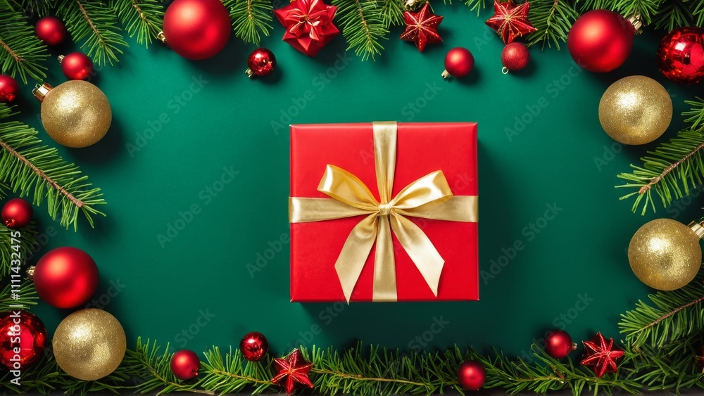 Festive christmas gift box with red and gold ornaments amidst evergreen branches Festive christmas gift box with red and gold ornaments amidst evergreen branches