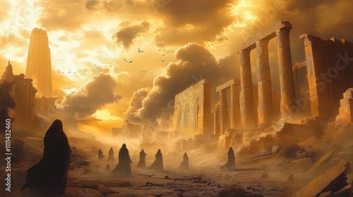 Destruction of Jerusalem City Ruins During Roman Empire with Figures in Hooded Robes