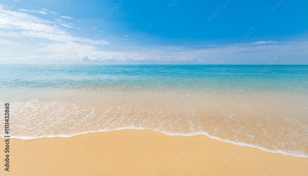 A picturesque beach scene with calm, turquoise water lapping gently onto golden sand under a clear blue sky. Perfect summer vacation imagery. A picturesque beach scene with calm, turquoise water lapping gently onto golden sand under a clear blue sky. Perfect summer vacation imagery.