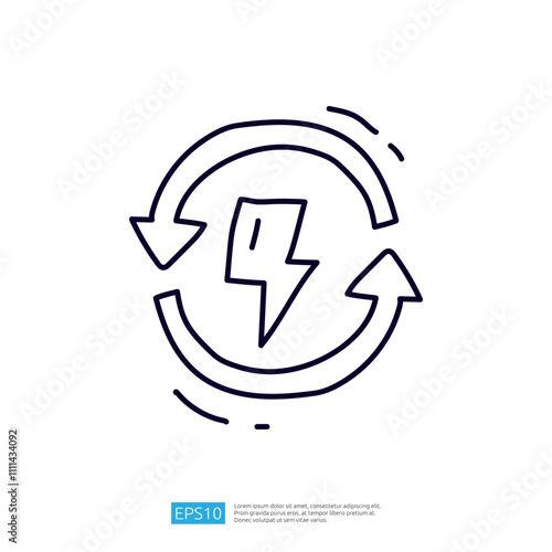 A simple graphic illustration depicting a lightning bolt enclosed within a circular arrow design, symbolizing energy or power recycling.