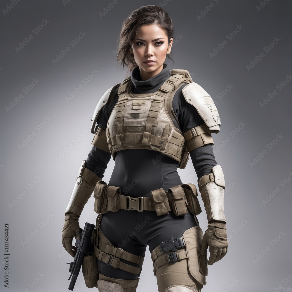 Powerful female soldier in tactical gear, posing confidently. Powerful female soldier in tactical gear, posing confidently.