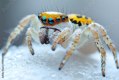 Vibrant Jumping Spider on Dew Covered Surface photo