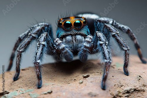 Vibrant Blue And Orange Jumping Spider Close Up photo